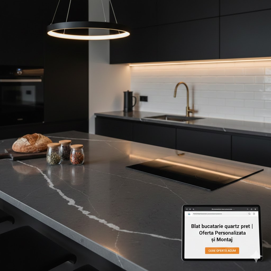 Blat bucatarie quartz pret - Model premium gri cu venaturi albe si montaj de precizie